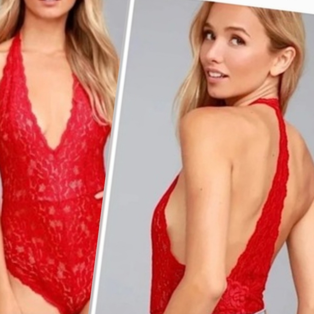 Free People Intimately Avery Red Floral Lace Plunging Racerback Bodysuit Size L